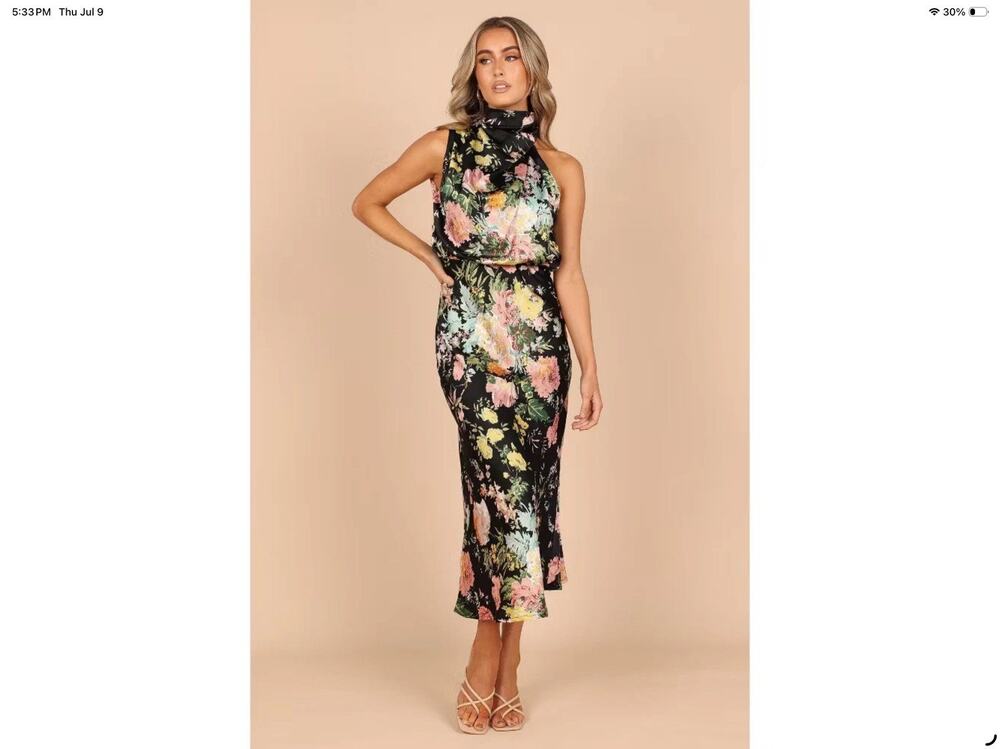 Petal & Pup Black Floral High-Neck Midi Dress